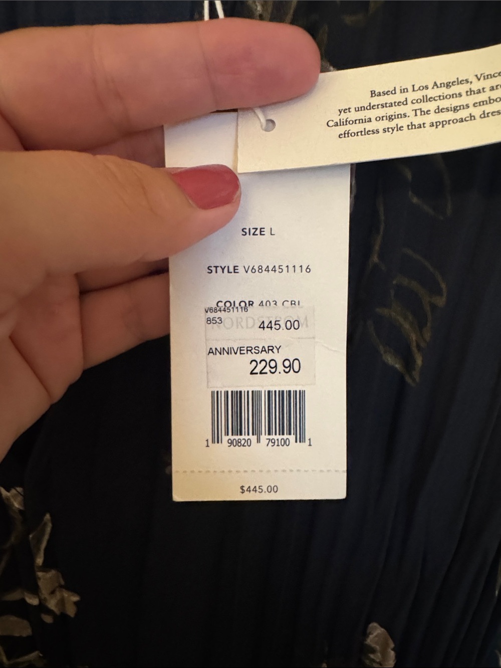VINCE NWT Painted Blooms Floral Tie Waist Crinkle-Textured Midi Dress Navy Large - Picture 4 of 5